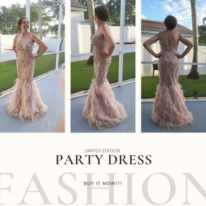 Strapless champagne feather dress